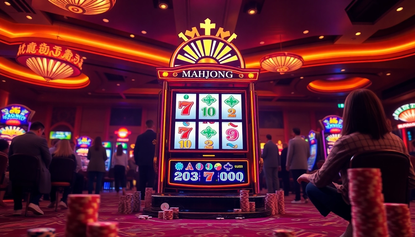 Experience the excitement of the mahjong slot demo in a luxury casino environment with vibrant colors and action-packed gambling elements.