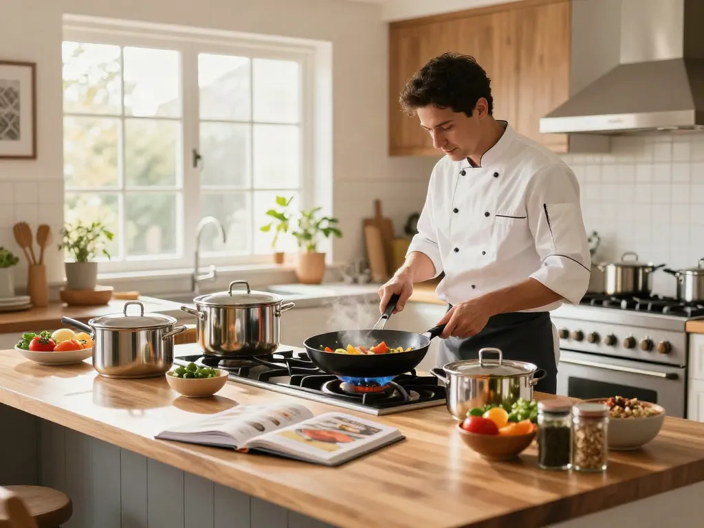 Cookware price in bangladesh displayed in a vibrant kitchen scene with a chef preparing dishes using various cookware.