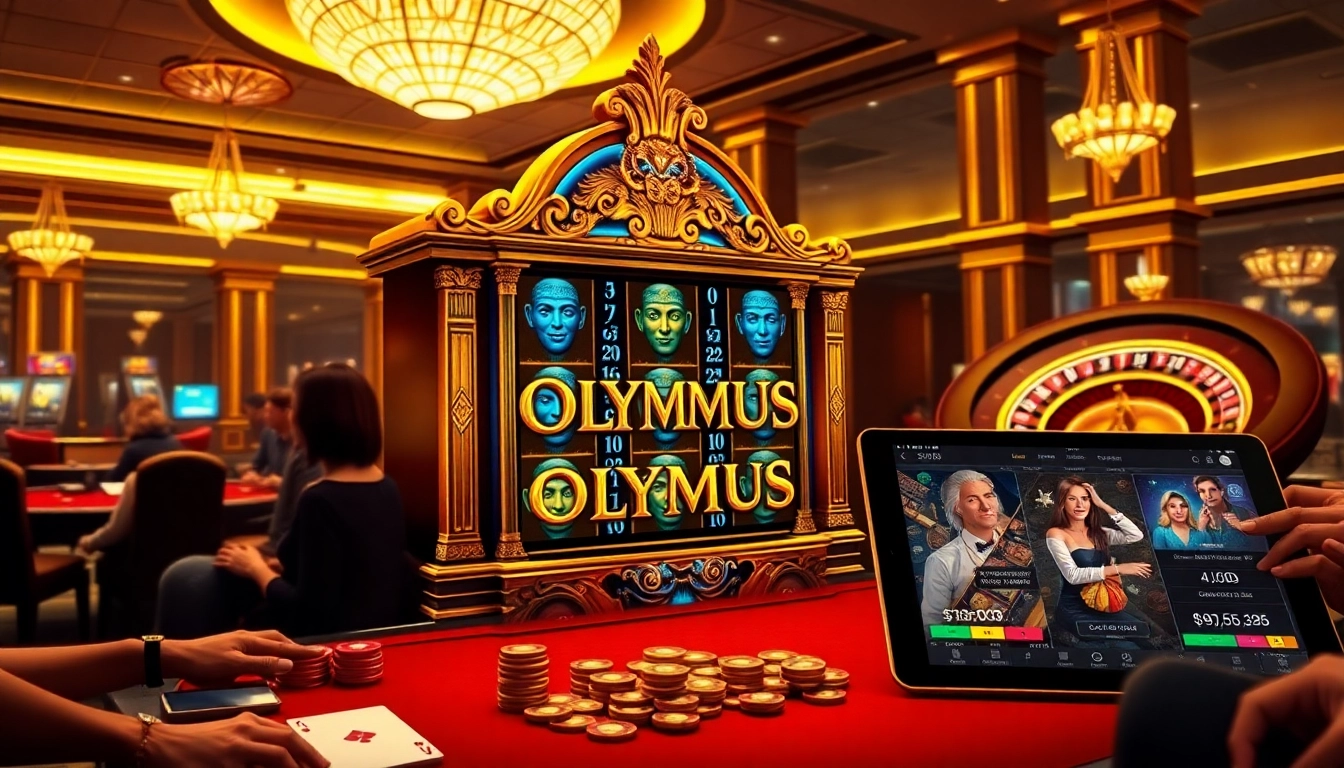 Engaging in the Olympus slot game at a luxurious casino, showcasing vibrant gameplay.
