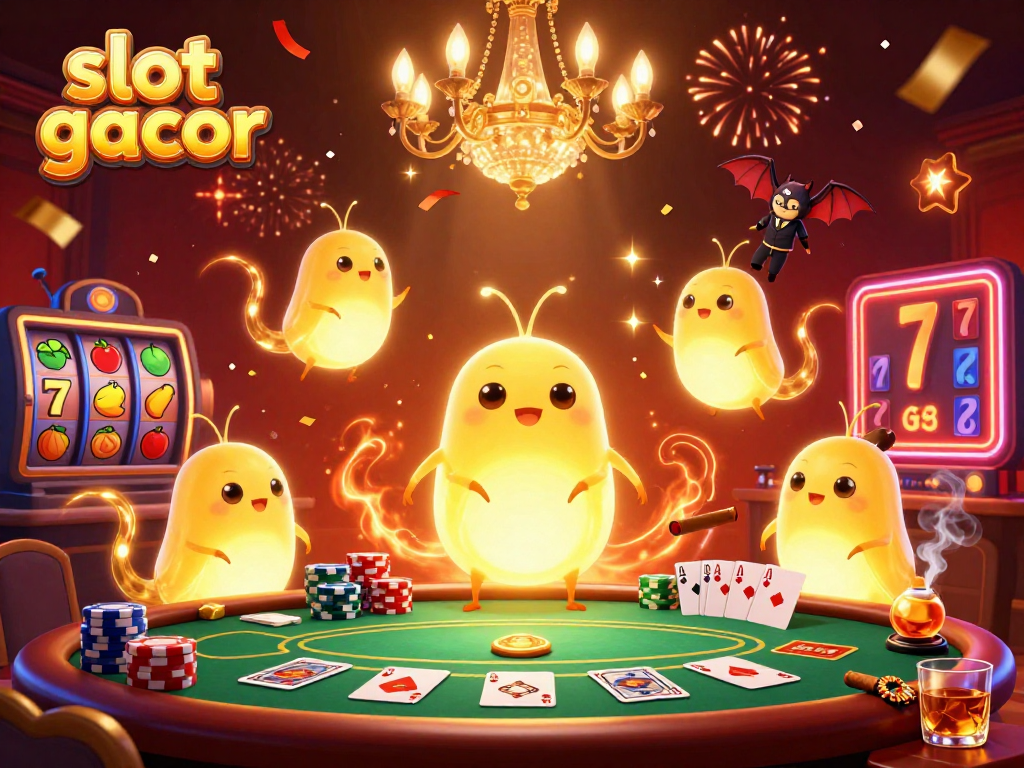 Experience the excitement of slot gacor with glowworms illuminating a casino scene filled with thrilling games.