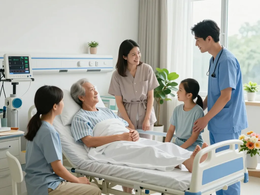 Comfortable giường bệnh nhân in a welcoming hospital room, supporting elderly patient with family and medical staff.