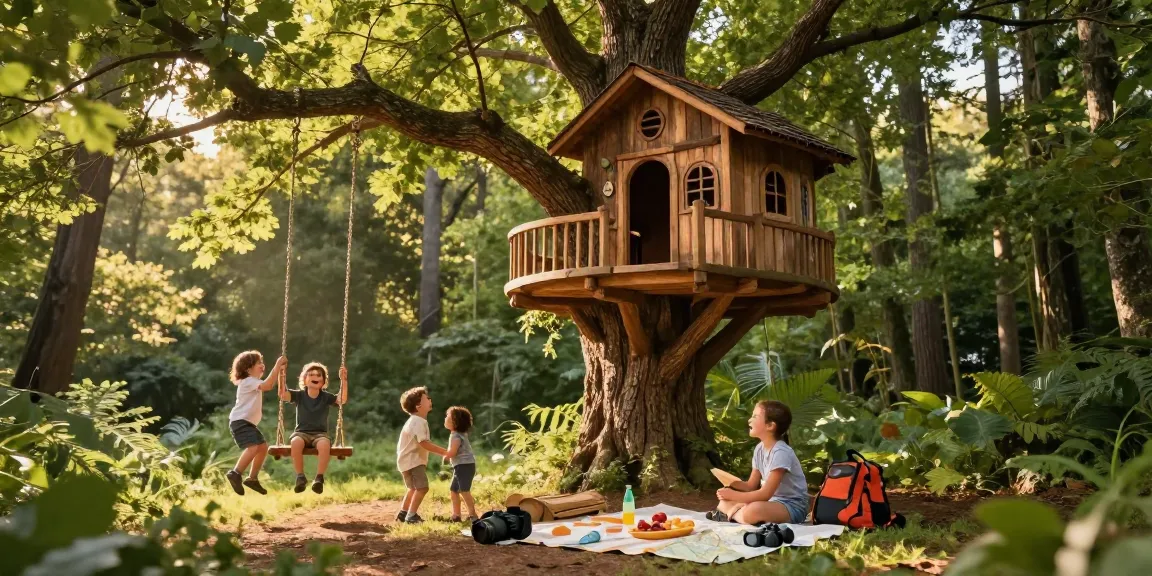 Children enjoying treehouses in a sunny forest setting with adventure gear and snacks.