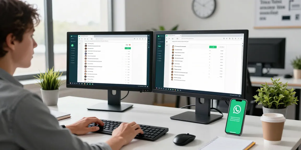 Engaged user working with WhatsApp電腦版 on a desktop in a modern office.