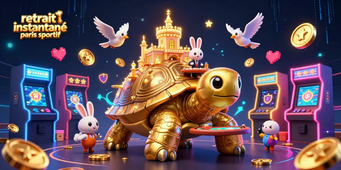 Retrait instantané paris sportif avec une tortue dorée 3D et un croupier lapin, entourés de pièces et machines à sous.