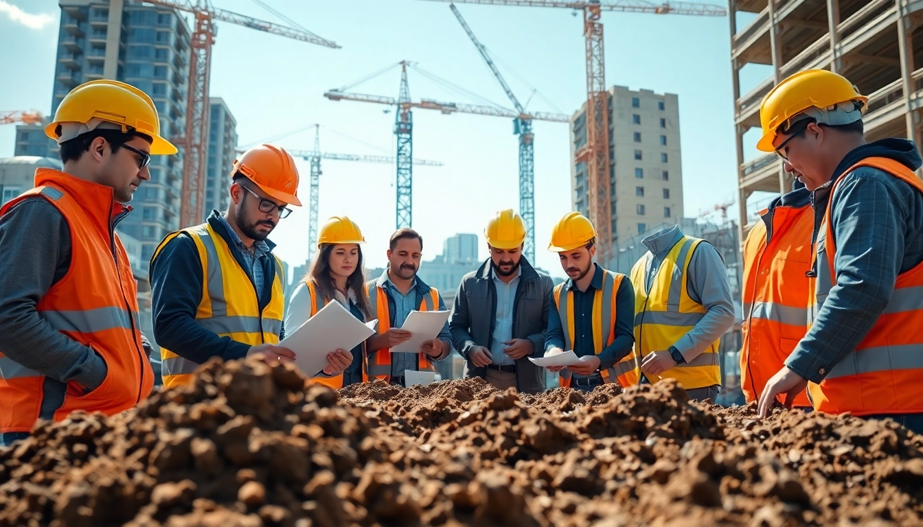 Team conducting construction assessment testing on-site with safety gear and materials analysis.