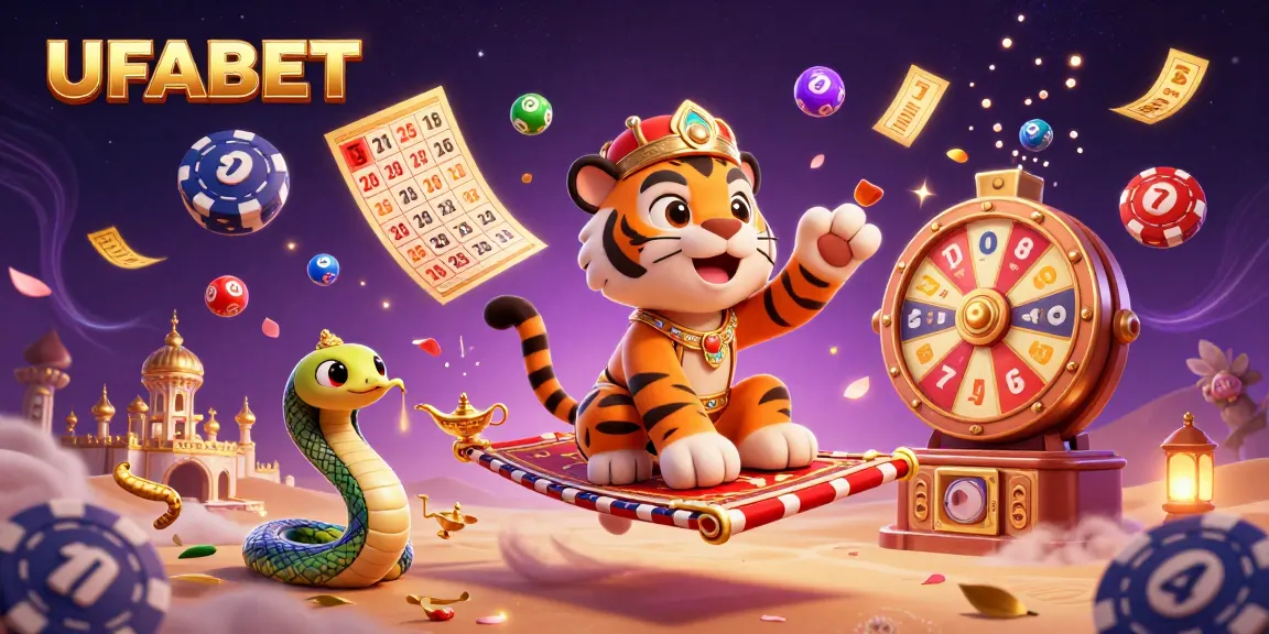 Experience the thrilling UFABET gaming adventure with vibrant lottery balls and a sultan on a magical carpet.