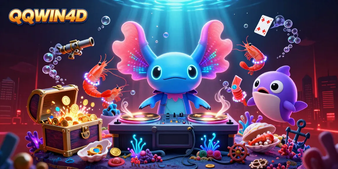 Permainan lottery QQWIN4D, dengan DJ axolotl berwarna neon dan latar belakang laut berkilau.