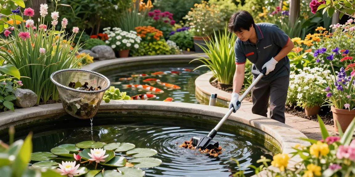 Pond Clean Kent service with a specialist cleaning a residential pond, showcasing effective pond care techniques and vibrant garden scenery