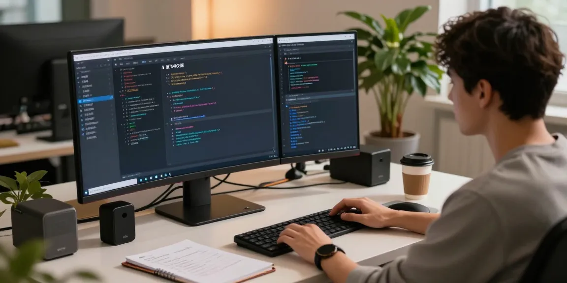 Developer showcasing 纸飞机中文版 in a modern tech workspace, coding on a sleek monitor.