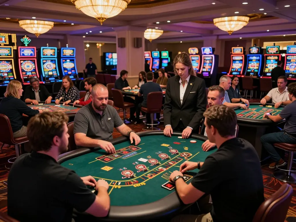Players enjoying blackjack and poker at 8kbet, vibrant casino floor with dynamic gaming atmosphere