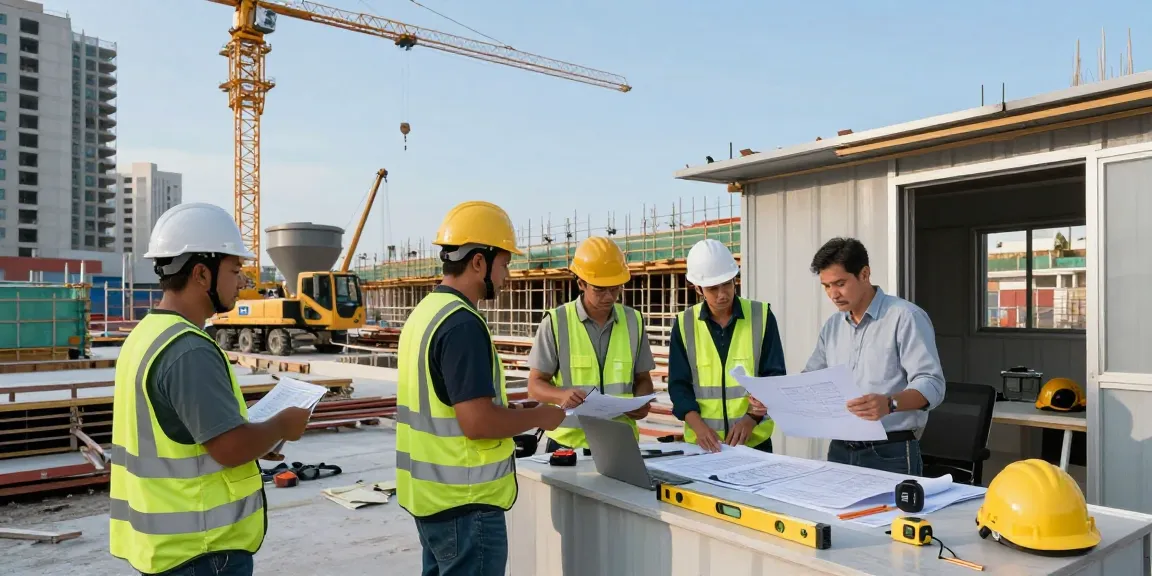 Construction workers implementing NAGA2000 at dynamic job site with machinery and blueprints.