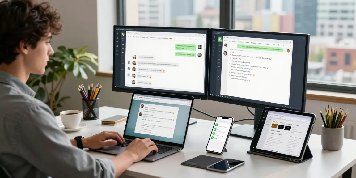 Professional using WhatsApp電腦版 on laptop in a creative workspace, with dual monitors and city view.