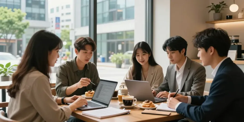 세종OP에서 현대적이고 세련된 카페에서 소통하는 젊은 전문가들