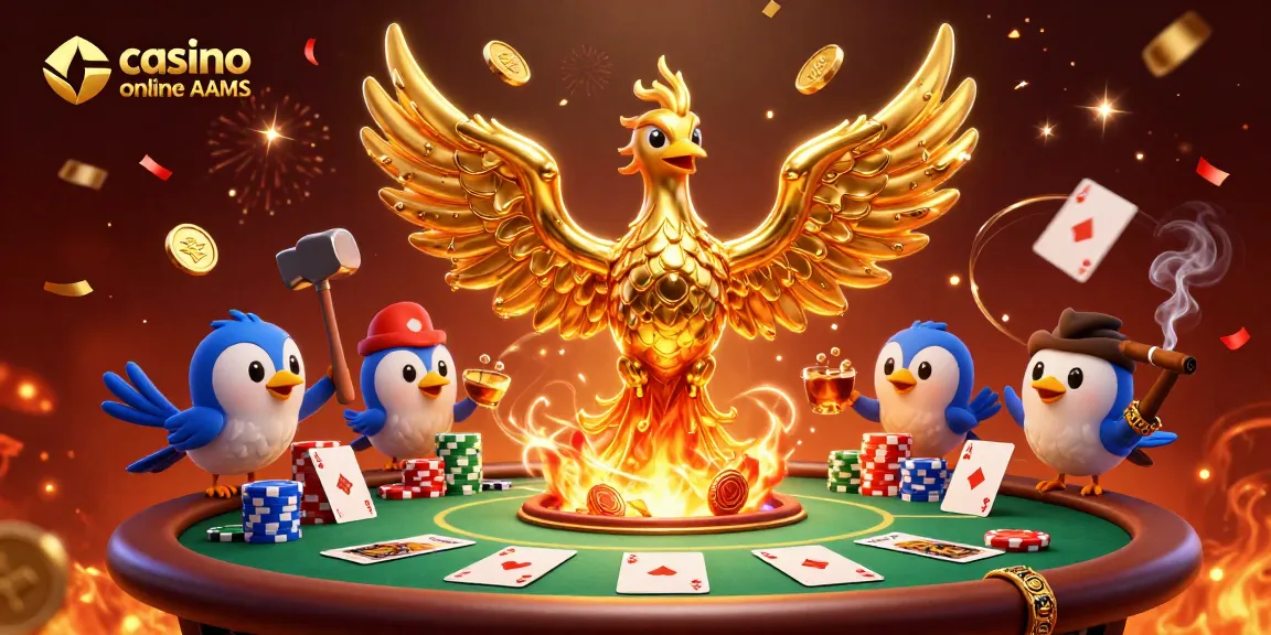 Gioca in un casino online non AAMS con un fenice d'oro e torri di fiches in un'atmosfera festosa.