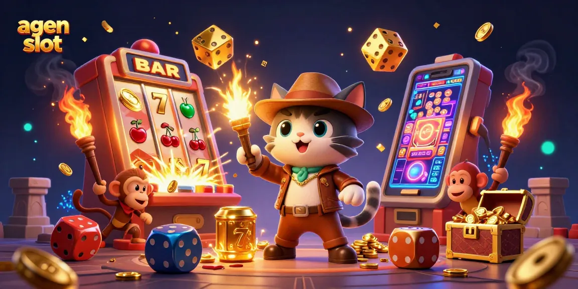 Menghasilkan agen slot dengan karakter kucing arkeolog penjelajah dan monyet, jackpot meledak, dan efek koin.