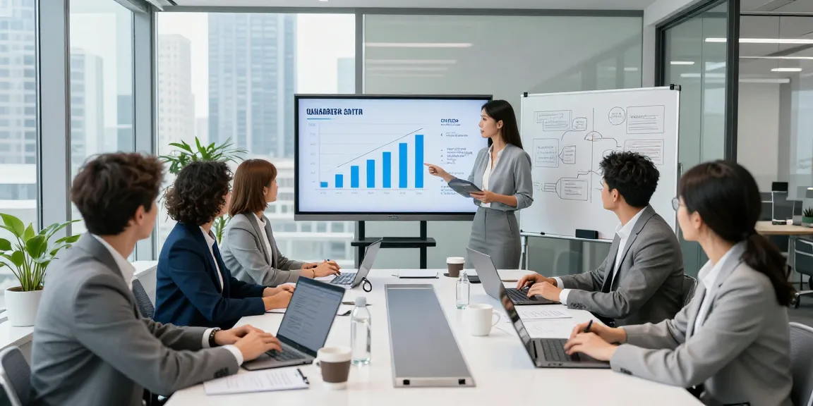 Collaborative office meeting scene showing MBM strategy growth presentation.
