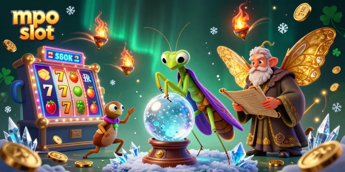 Engage with mpo slot interactive elements featuring vibrant slot reels, crystal ball, and mystical characters.