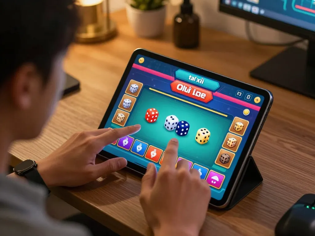 Engaged player using app tài xỉu online uy tín, focusing on dice game action in a cozy home setting