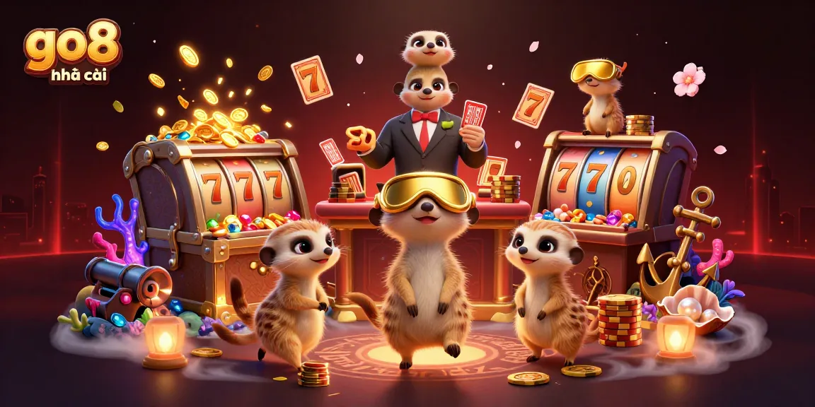Join the fun at go8 nhà cái with meerkats running an exciting casino operation filled with slot reels and treasure!