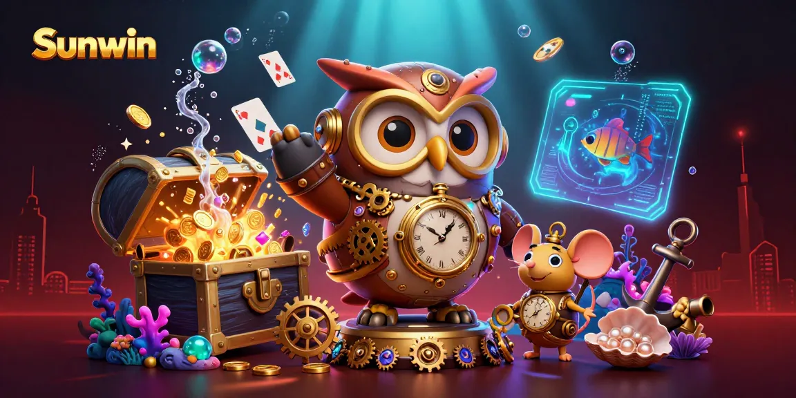 Experience Sunwin's vibrant casino world with a steampunk owl, treasure, and colorful casino elements.