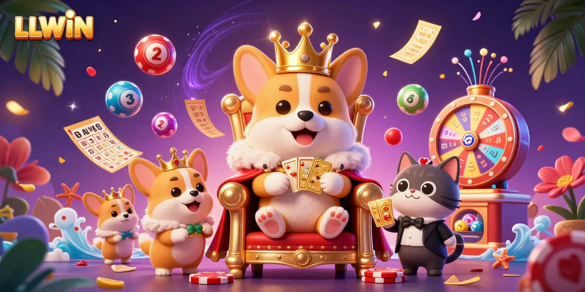 Experience LLWIN with vibrant lottery elements as royal corgi and cat butler entertain amidst gaming excitement.