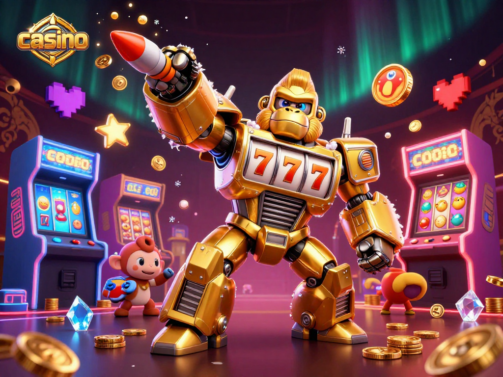 Encounter thrilling moments at the casino with a mech gorilla and dynamic slot game features.