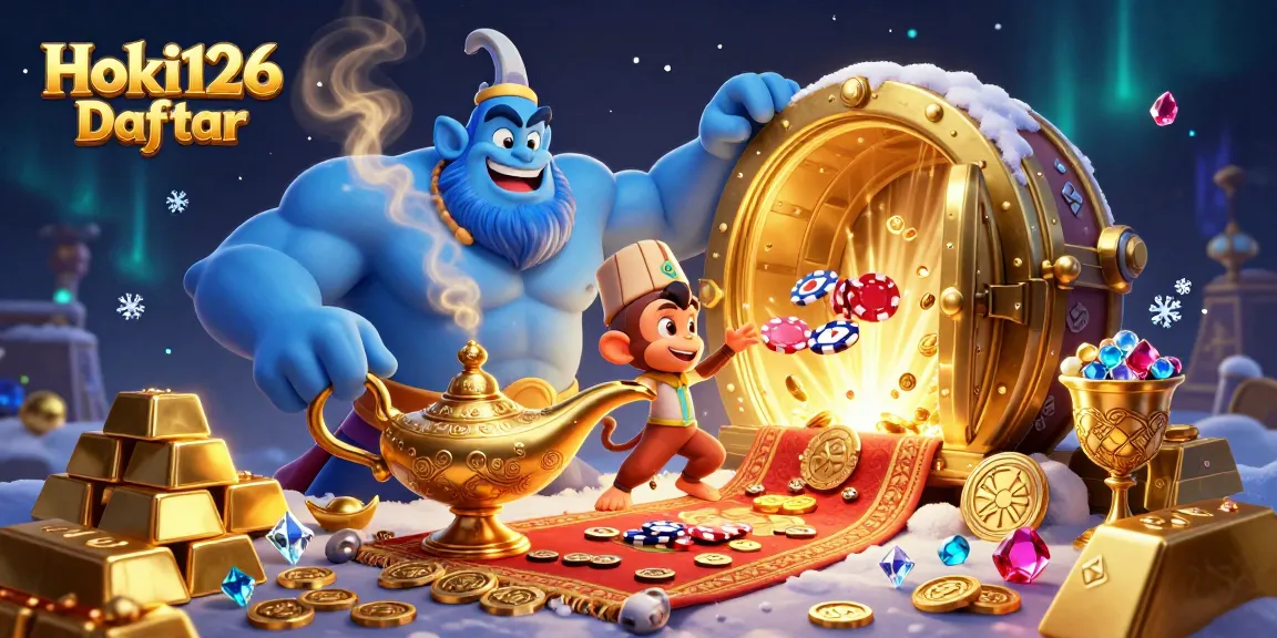 Experience the magic of Hoki126 Daftar with a captivating casino scene filled with treasures and characters.