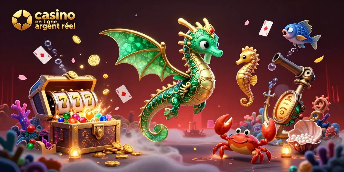 Image dynamique représentant l'univers du casino en ligne argent réel avec de nombreux éléments de jeu et un dragon marin.