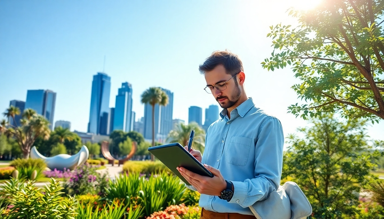Landscape architect sketching plans while designing a vibrant urban park with modern elements.
