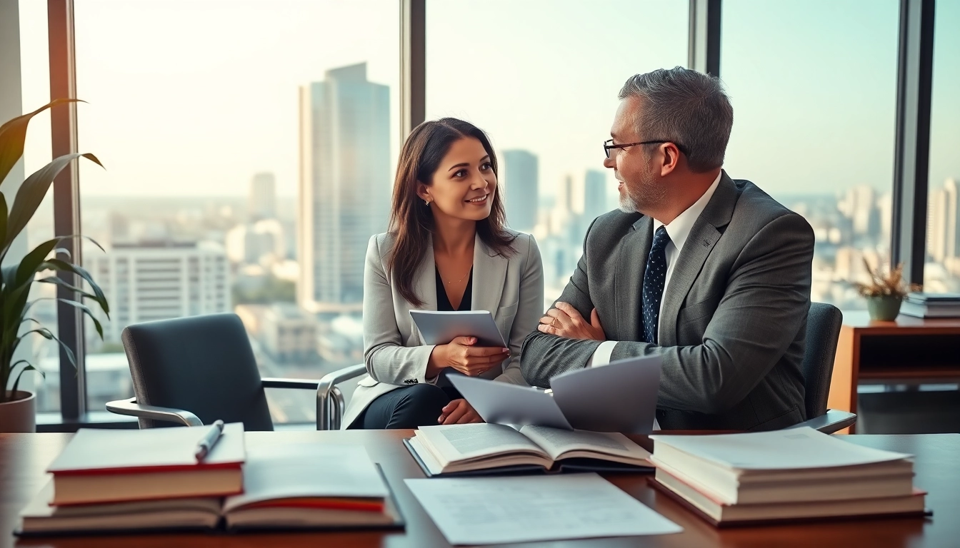 Truck accident attorney Clearwater providing legal advice to a client in an office.