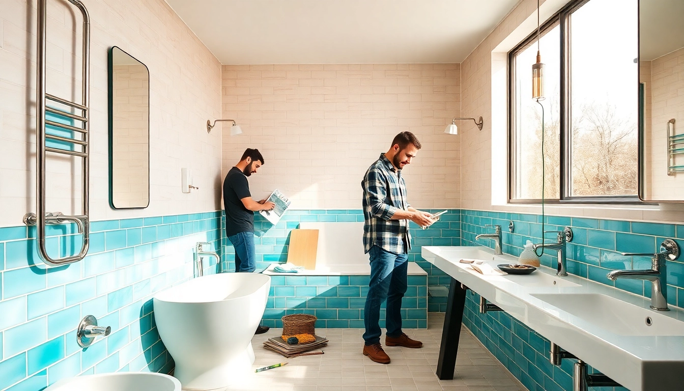 Bathroom remodelers renovating a modern space with stylish fixtures and vibrant tiles.