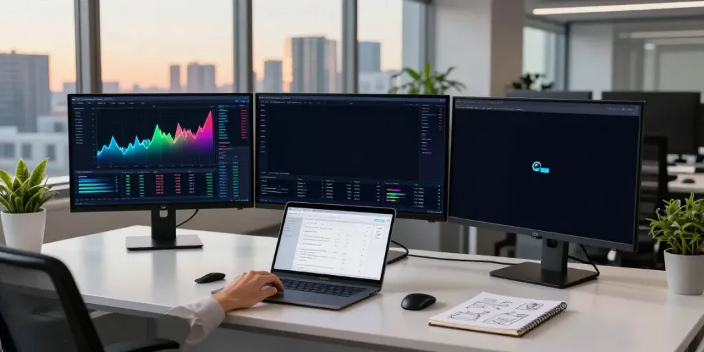 Real-time stock API trading scene showcasing 日本株 クオンツデータ on dual monitors with advanced cryptocurrency analytics tools.