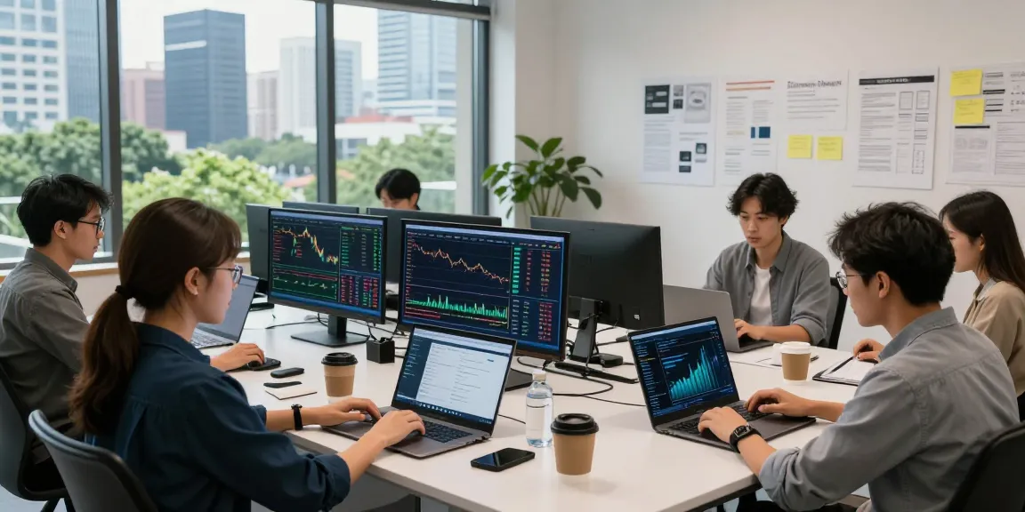 cloud mining company professionals collaborating in a modern office with crypto dashboards.