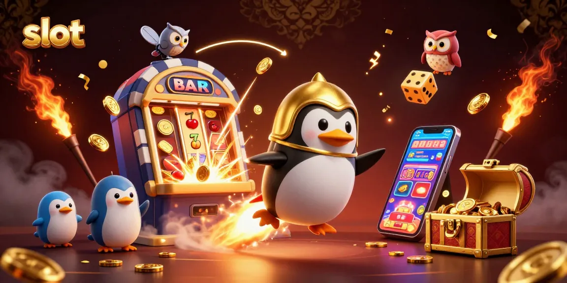 Spin the thrilling slot machines in a vibrant casino scene featuring a golden penguin and jackpot excitement.