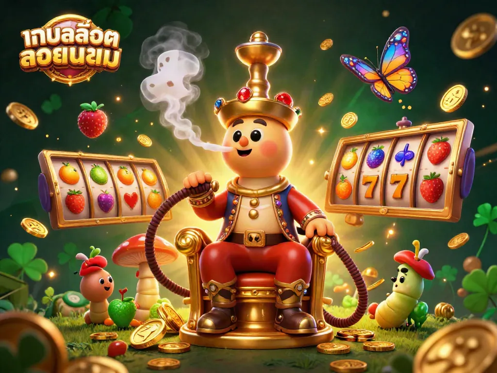 Engaging illustration of เกมสล็อตยอดนิยม featuring a vibrant cartoon caterpillar and slot machines in a lively casino setting.