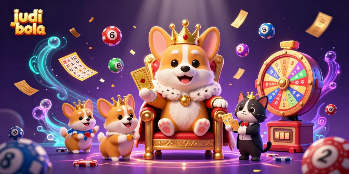 Engage in judi bola with vibrant corgi characters amidst a colorful casino scene of games.