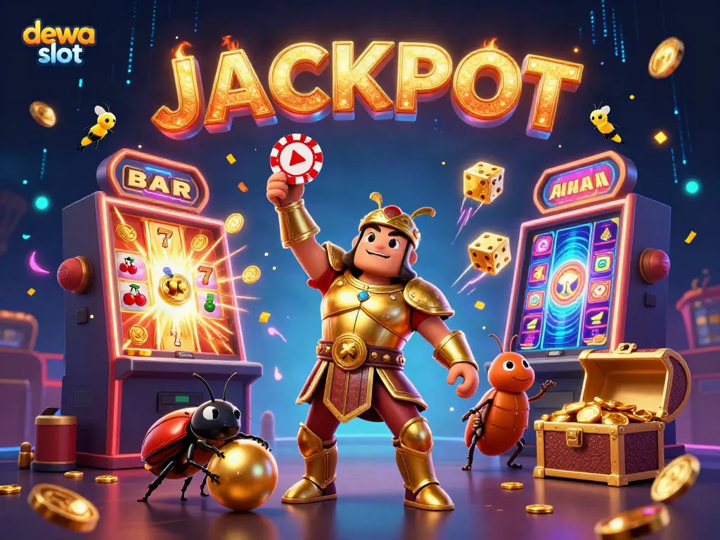 Gambar dewa slot memperlihatkan karakter beetle berarmor emas dan jackpot kecupan cahaya dalam suasana judi yang ceria.