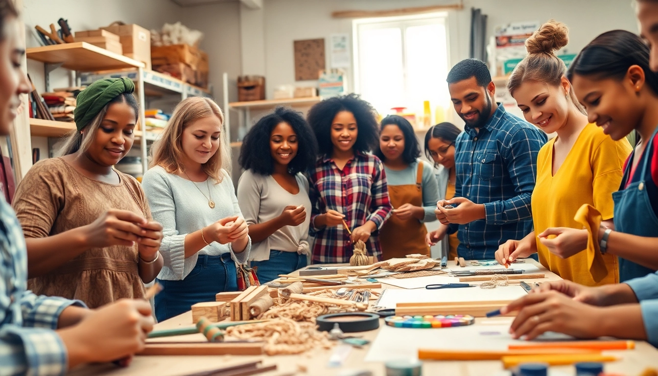 Hands engaged in craft training programs at a vibrant workshop filled with creative materials.