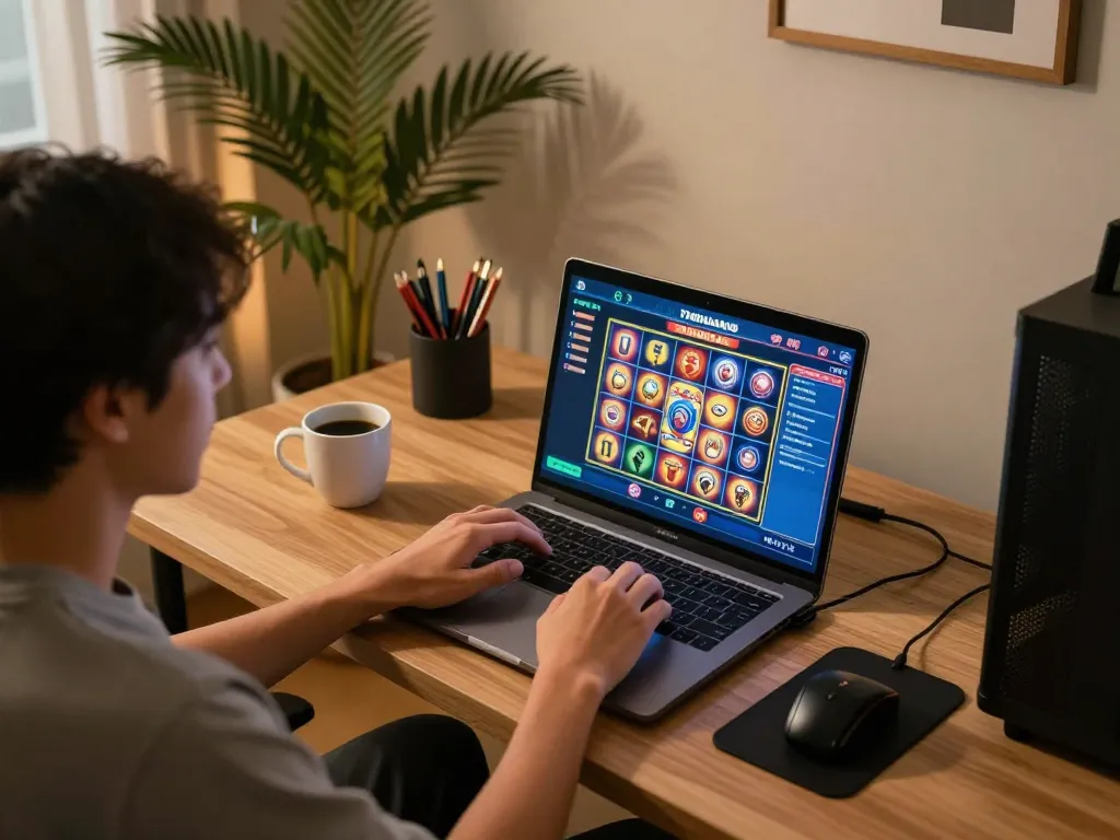 Engaging in thailand slot games on a laptop in a cozy home setting with warm lighting.