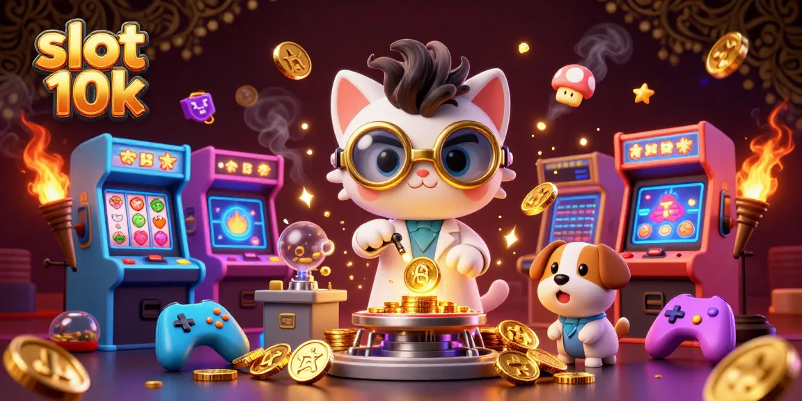 Spin and win with slot 10k in this vibrant 3D illustrated casino adventure featuring colorful game elements.