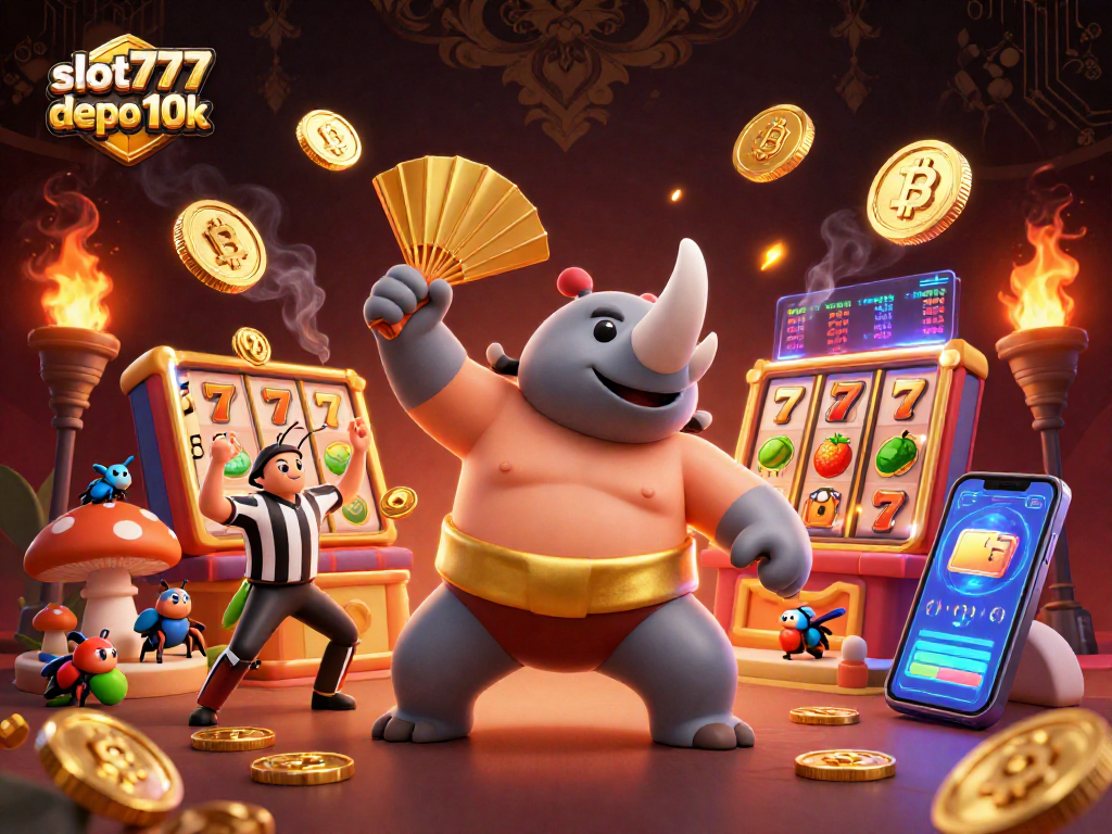 Experience exciting gameplay at slot777 depo 10k, featuring vibrant visuals of slot machines and golden coins.