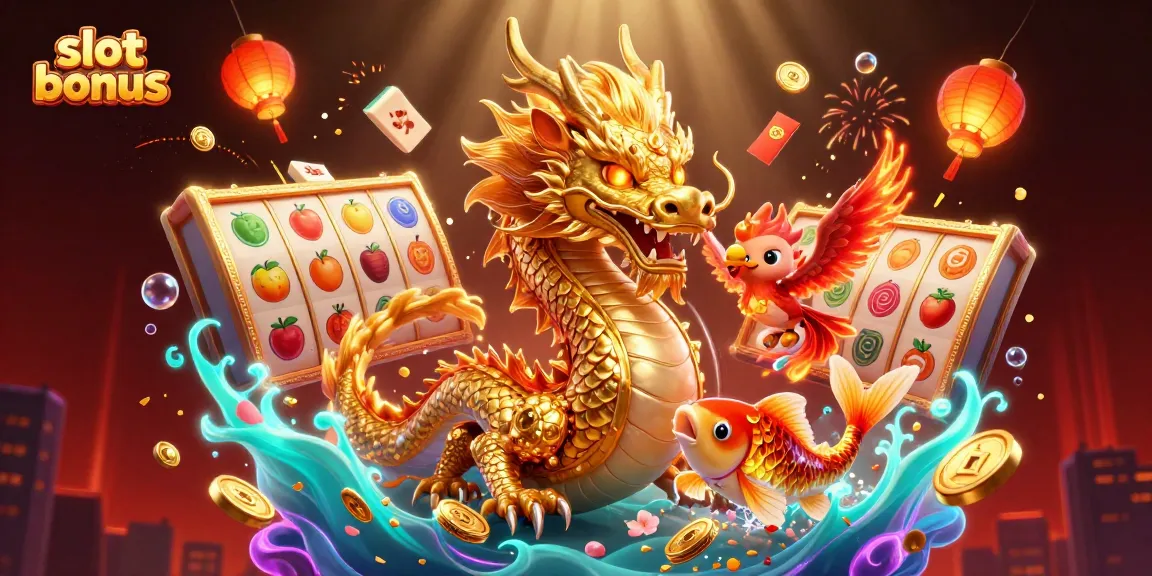 Experience thrilling slot bonus action with a golden dragon, phoenix, and koi fish amidst vibrant casino symbols.