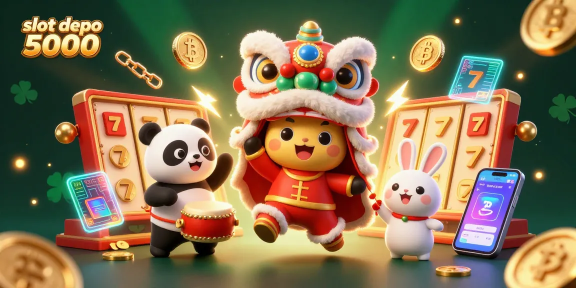 Experience the thrill of playing slot depo 5000 with vibrant characters in a 3D casino scene featuring slot reels and festive decorations.