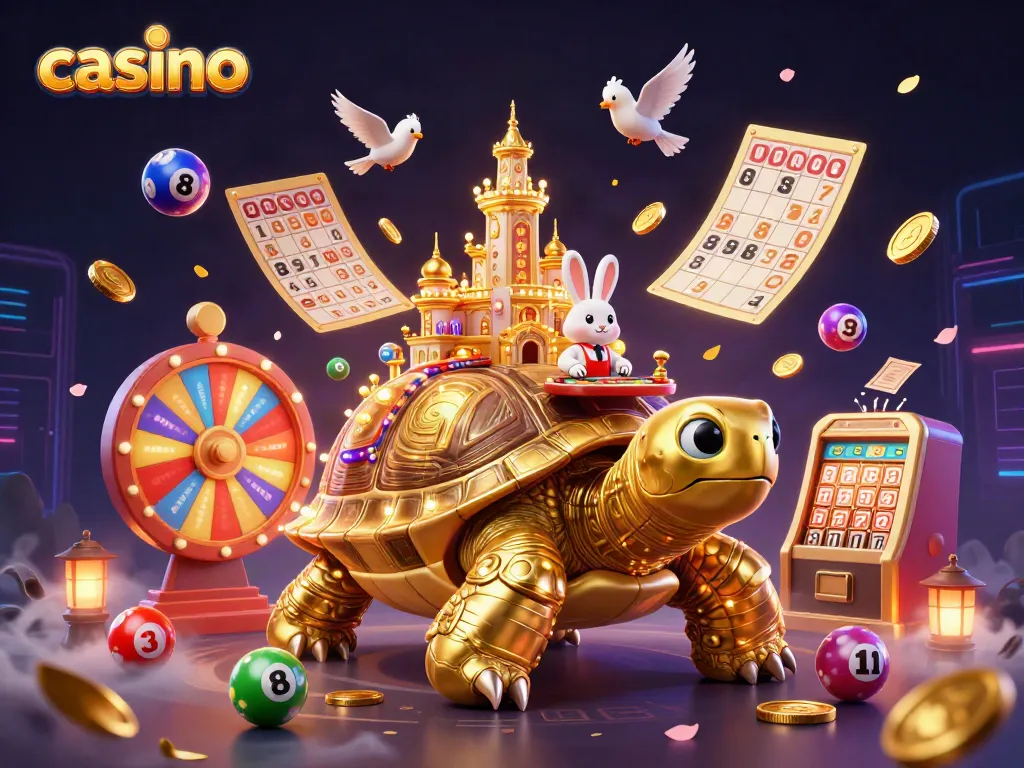 Experience the thrilling casino atmosphere with a vibrant scene of a golden tortoise carrying a miniature casino, dealer, and flying coins.