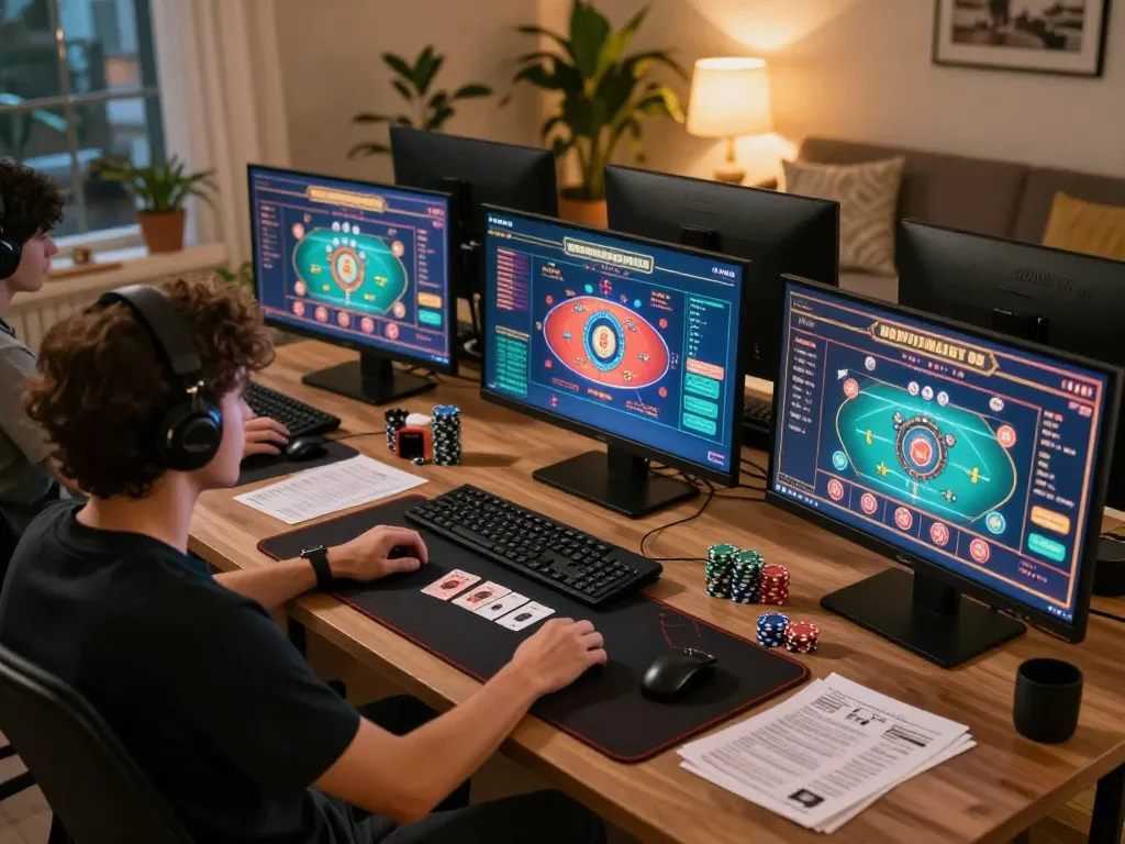 Engaged player enjoying online gaming on rr88co with multiple screens and strategy notes visible