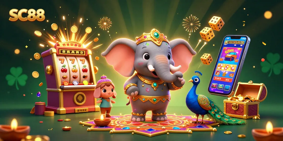 Experience the thrilling SC88 casino ambiance with a vibrant jackpot explosion and festive characters.