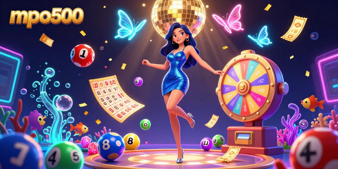 Experience vibrant gameplay at mpo500 with a glamorous casino scene featuring colorful lottery elements.