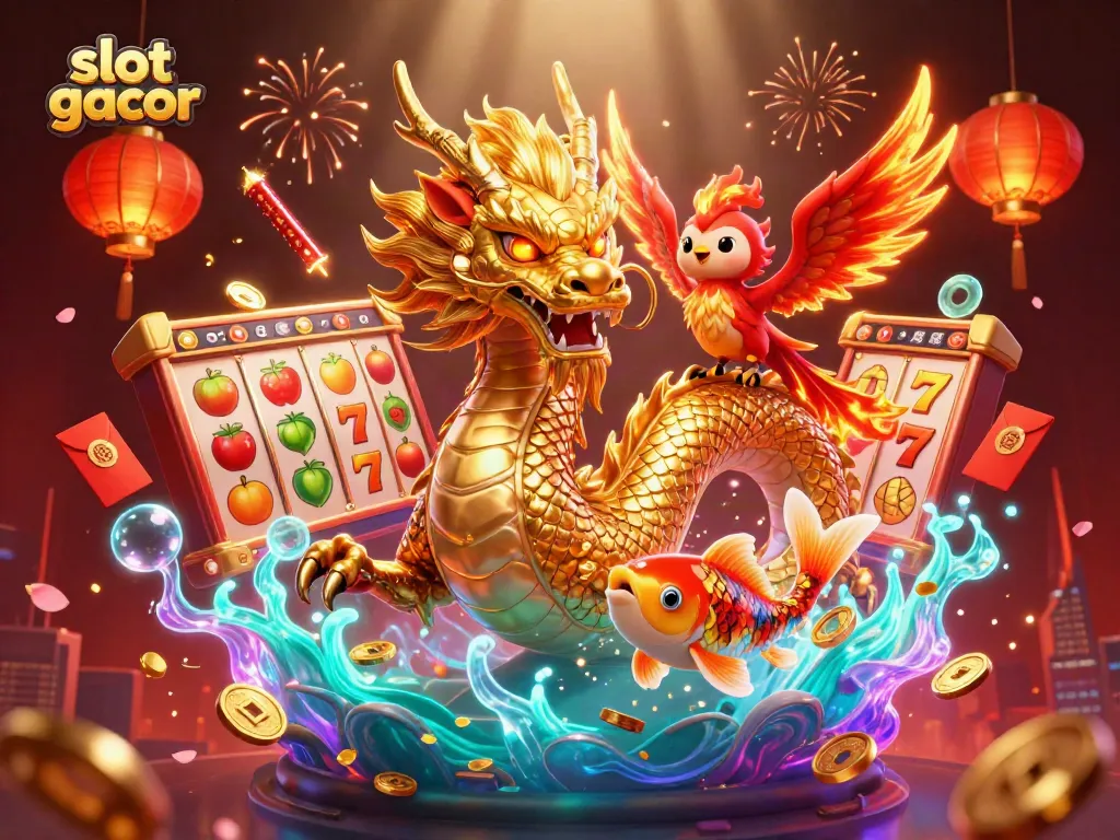 Engage in thrilling gameplay at slot gacor with vibrant slot reels, glowing dragons, and colorful symbols.