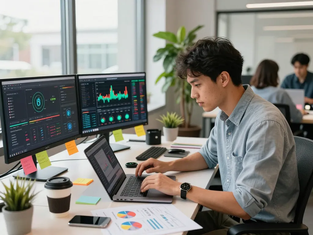 Engaged professional analyzing trends on a crypto earning platform at a modern workspace