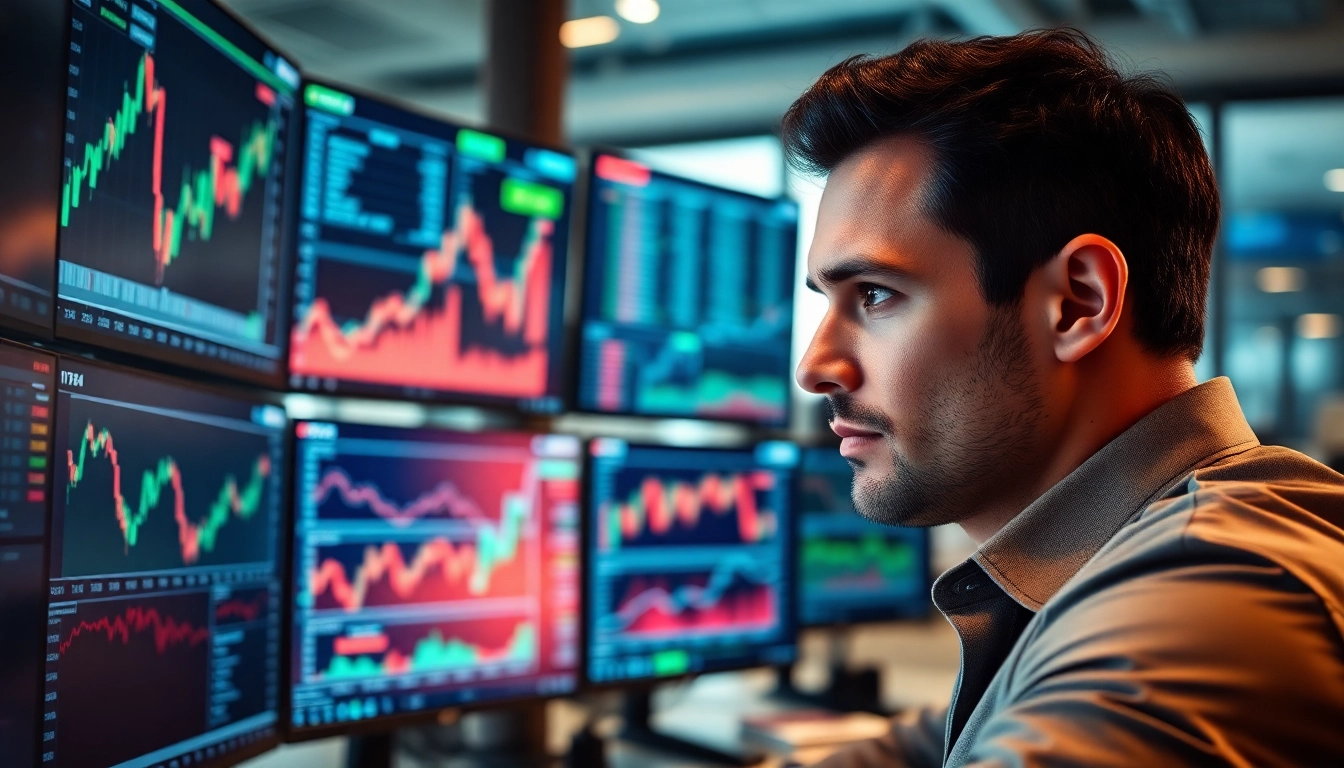 Engaged trader analyzing sway markets data on multiple screens in a modern office.